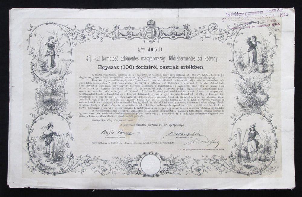 Fldtehermentestsi ktvny 100 forint 1889